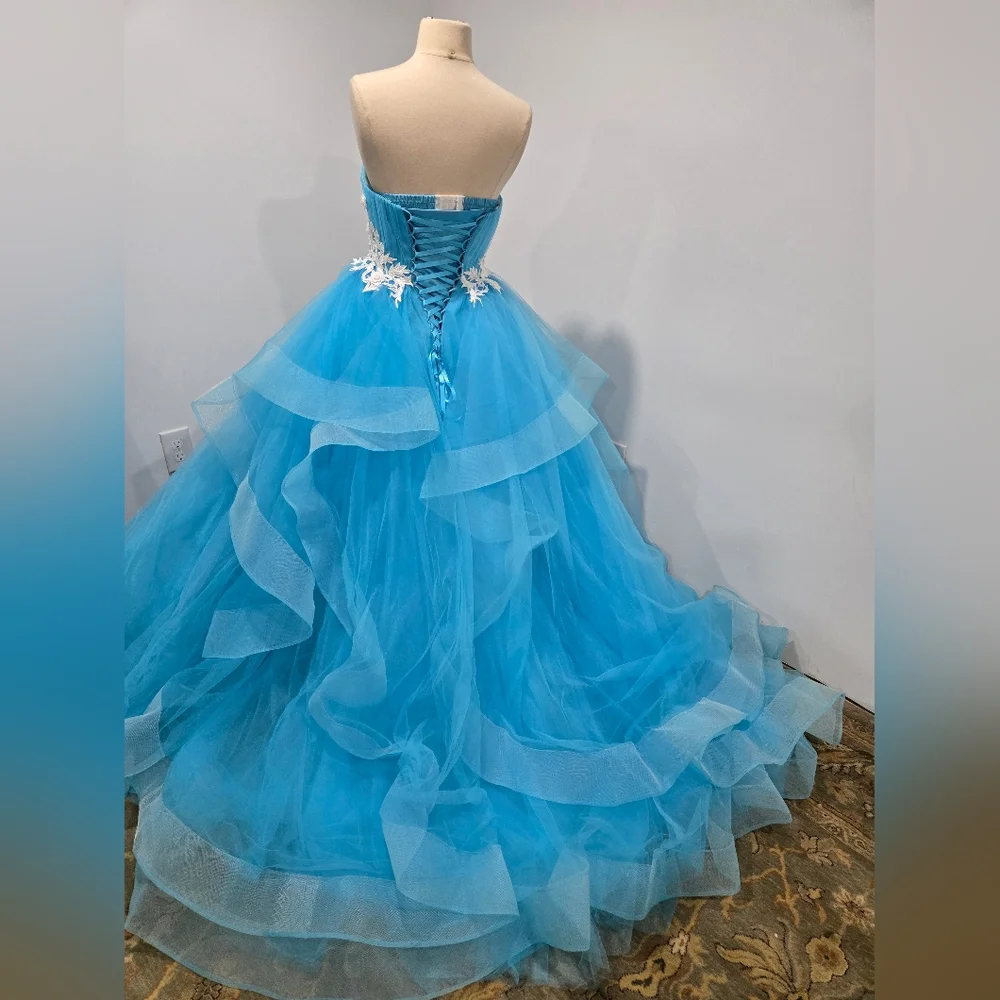 Mila Hoffman Custom Couture Ball Gown, Blue Topaz, White Floral Emroidered Waist - Picture 10 of 17
